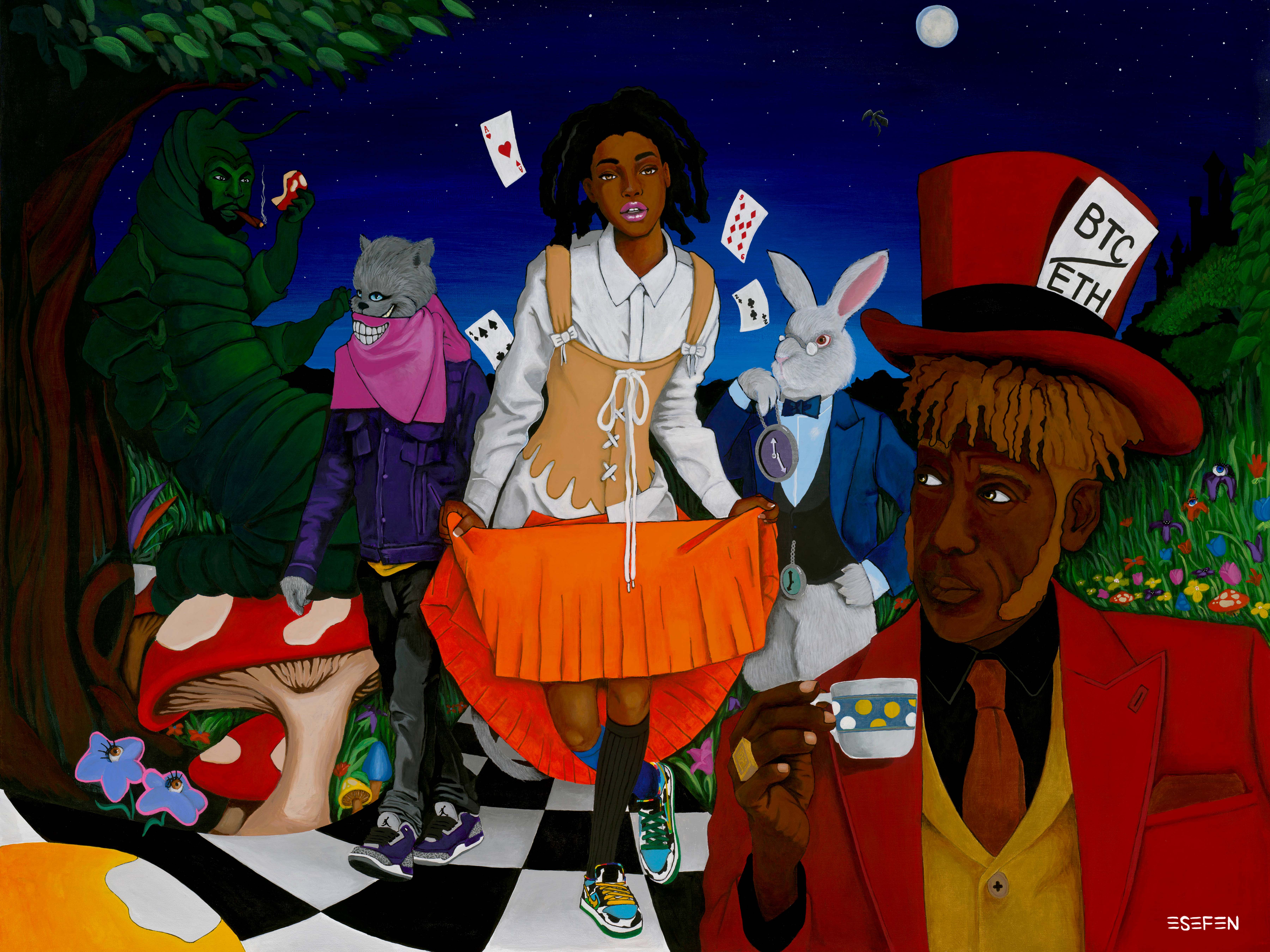 A fantastical gathering with playing cards, a white rabbit and a red top hat under a moonlit sky.