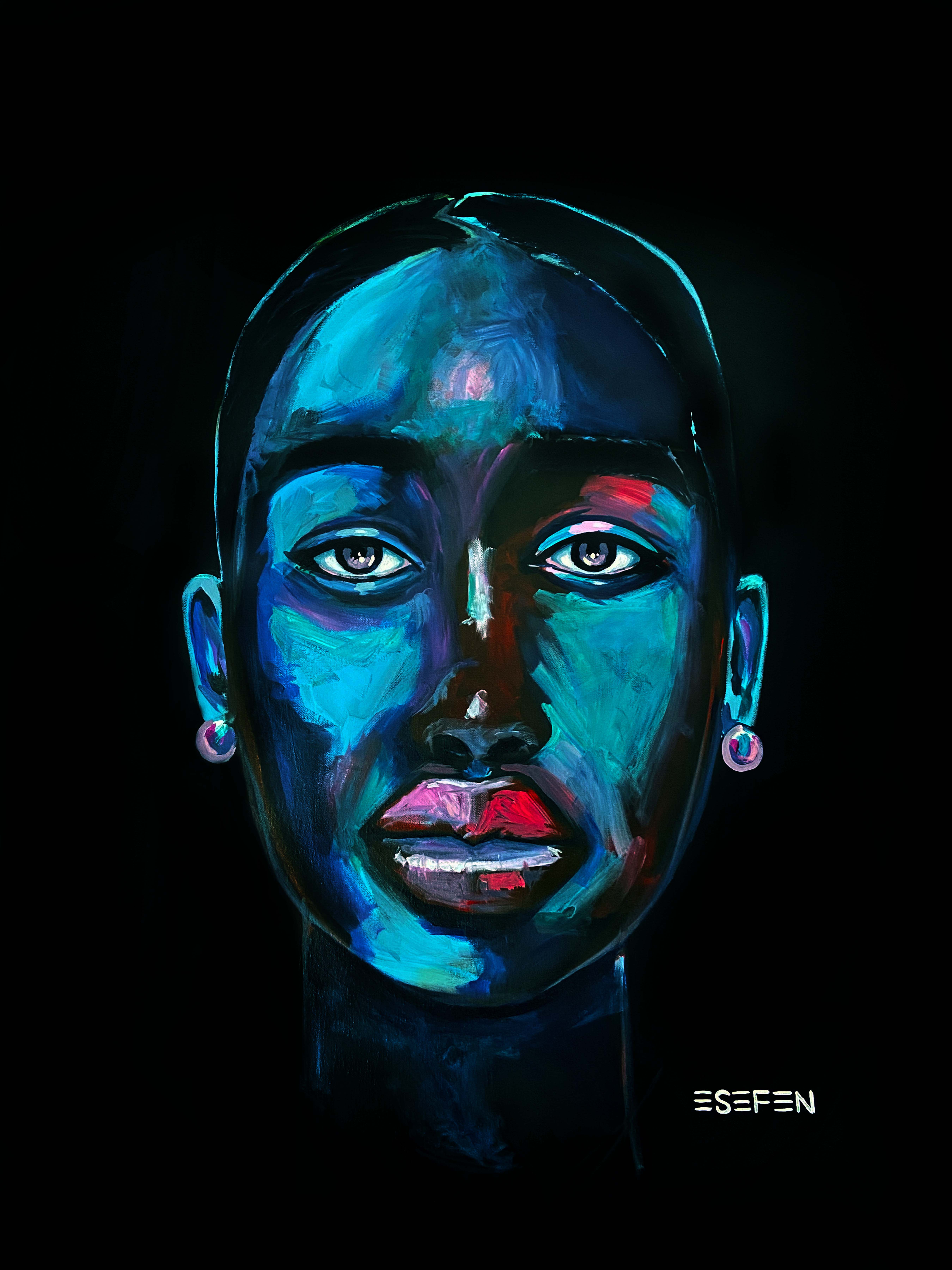 A luminous turquoise, blue and pink portrait against black.