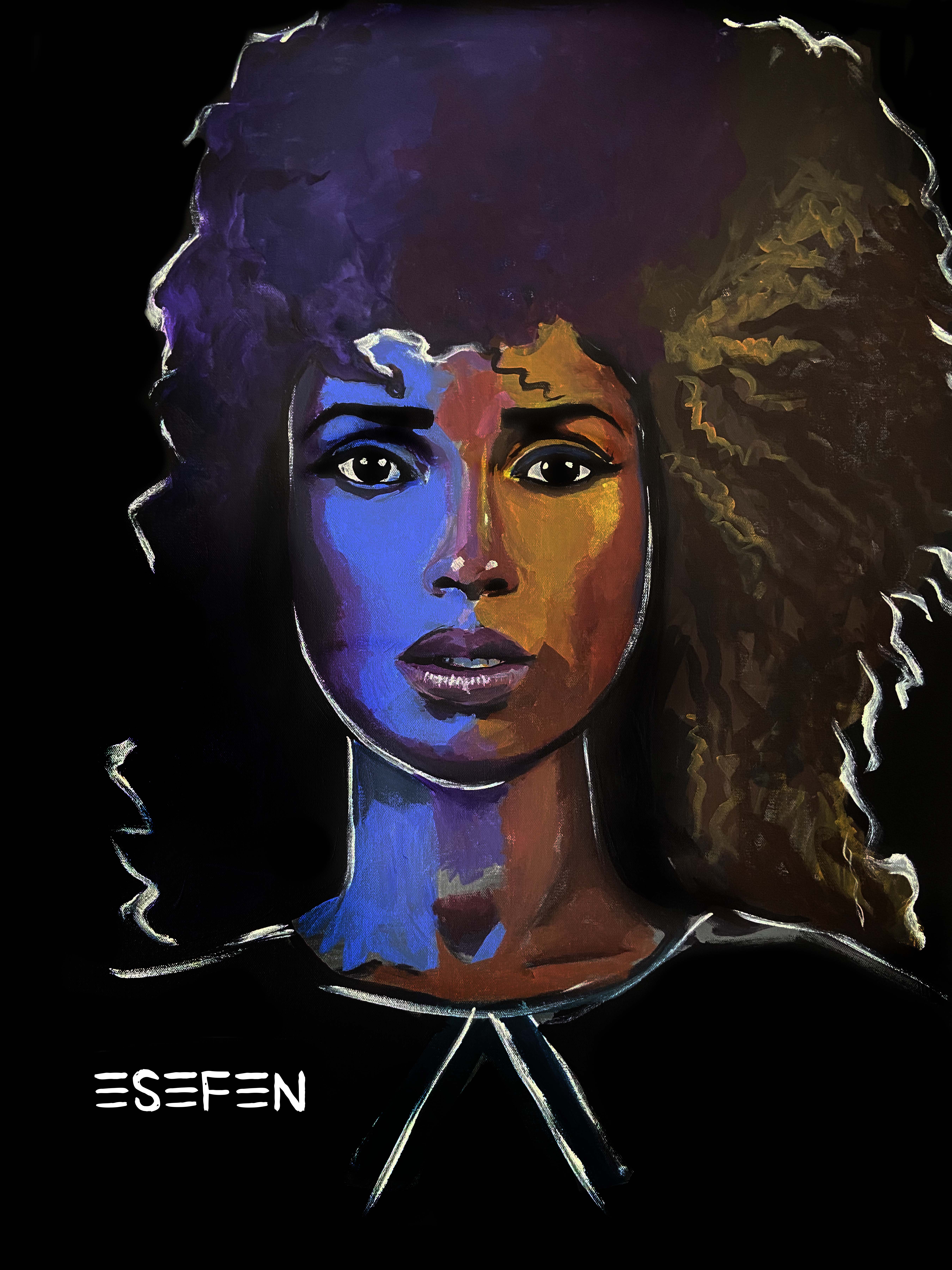 A woman with voluminous hair painted in violet, blue and gold.