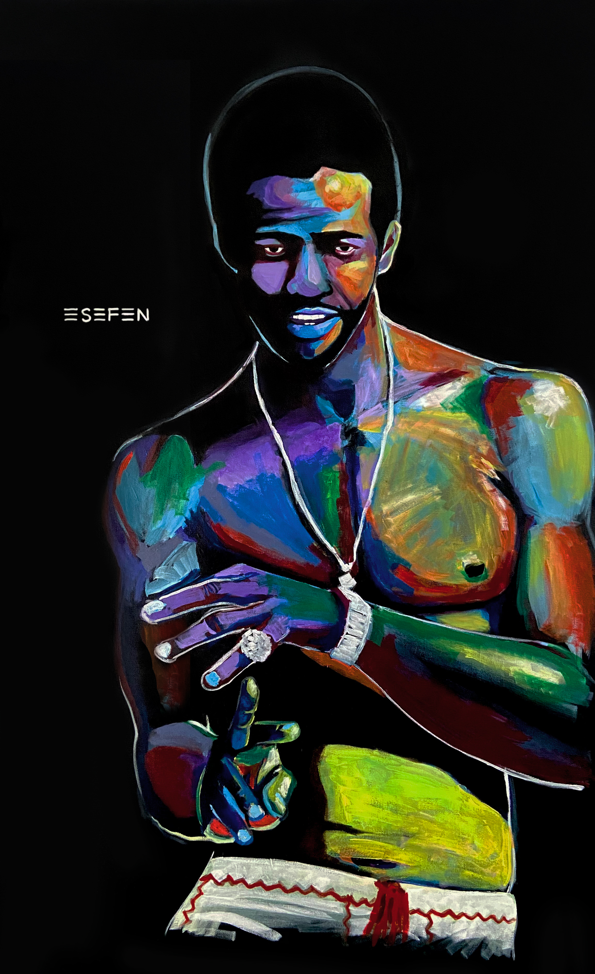 An expressive portrait of a man in vivid green, violet, blue and yellow.
