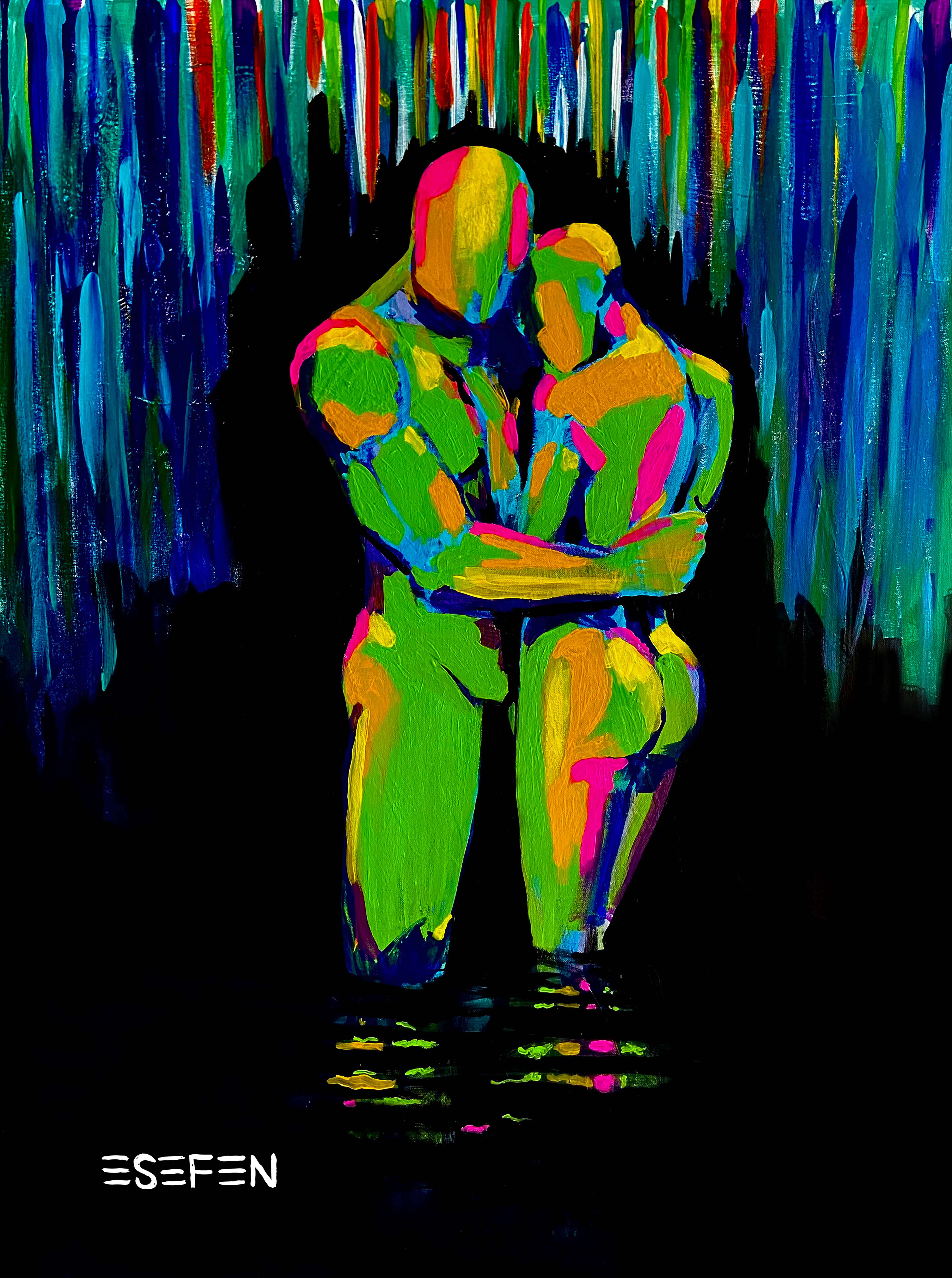 Two figures embracing in electric green, yellow and pink beneath colorful rain.